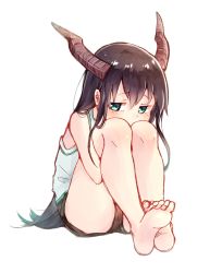 Rule 34 | 1girl, barefoot, black hair, blush, covered mouth, full body, green eyes, horns, hugging own legs, itsumi mita, long hair, looking at viewer, monster girl, original, shorts, simple background, sitting, solo, tank top, thighs, white background