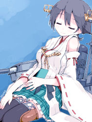 Rule 34 | 1girl, bare shoulders, black thighhighs, blue background, boots, breasts, brown hair, cannon, closed eyes, detached sleeves, flipped hair, green skirt, hair between eyes, hairband, headgear, hiei (kancolle), hiei kai ni (kancolle), japanese clothes, kanoe soushi, kantai collection, machinery, medium breasts, medium hair, nontraditional miko, plaid, ribbon-trimmed sleeves, ribbon trim, rigging, short hair, simple background, sitting, skirt, sleeping, solo, thigh boots, thighhighs, turret
