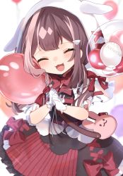 Rule 34 | 1girl, :3, :d, absurdres, animal bag, animal ears, animal hood, balloon, blush, bow, brown dress, brown hair, closed eyes, commentary request, dress, facing viewer, fake animal ears, gloves, hands up, highres, holding, holding balloon, hood, hood up, indie virtual youtuber, long hair, multicolored hair, noi mine, official art, open mouth, pink hair, rabbit bag, red bow, short sleeves, smile, solo, streaked hair, uchamochi mochi, virtual youtuber, white gloves