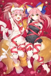 Rule 34 | 2girls, animal ear fluff, animal ears, animal hands, apron, bad id, bad pixiv id, bell, black apron, bound, breasts, cat hair ornament, chocolate, collar, dual persona, fate/grand order, fate (series), fox ears, fox girl, fox tail, gloves, hair ornament, highres, jingle bell, looking at viewer, lying, maid headdress, medium breasts, multiple girls, naked apron, neck bell, on back, open mouth, paw gloves, paw shoes, pink hair, red ribbon, ribbon, ribbon bondage, shoes, single thighhigh, smile, tail, tamamo (fate), tamamo cat (fate), tamamo cat (third ascension) (fate), tamamo no mae (fate/extra), thighhighs, tranquil-lizer, white apron, white legwear, yellow eyes