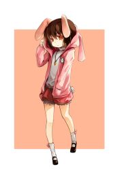 Rule 34 | 1girl, alternate costume, animal ears, brown hair, carrot, carrot necklace, contemporary, female focus, hand in pocket, hood, hoodie, inaba tewi, jewelry, mary janes, necklace, pendant, pink theme, rabbit ears, red eyes, shoes, short hair, socks, solo, touhou, zhao shuwen