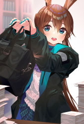Rule 34 | 1girl, amiya (arknights), animal ears, arknights, bag, black jacket, blue eyes, blue skirt, blurry, brown hair, rabbit ears, depth of field, duffel bag, highres, holding, jacket, jewelry, light rays, long hair, long sleeves, looking at viewer, miniskirt, multiple rings, munseonghwa, open clothes, open jacket, open mouth, paper, paper stack, ring, shirt, skirt, solo, upper body, white shirt