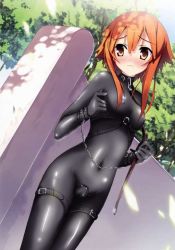 Rule 34 | 1girl, black bodysuit, blush, bodysuit, bound, bound wrists, breasts, covered erect nipples, kantoku, latex, latex suit, orange hair, shiny clothes, skin tight, solo, tagme, third-party source