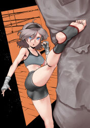 Rule 34 | 1girl, :o, ahoge, ass, bandaged hand, bandages, black background, black shorts, blue eyes, boxing ring, brown hair, clenched hand, commission, dark, exercising, feet, fingernails, flying sweatdrops, grey sports bra, gym, hand up, headband, high kick, highres, kicking, looking at viewer, messy hair, midriff, orange background, original, pale skin, parted lips, punching bag, rggr, short hair, short shorts, shorts, skeb commission, soles, solo, sports bra, spread legs, standing, standing on one leg, stirrup legwear, toeless legwear, toes