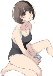 Rule 34 | 1girl, black one-piece swimsuit, breasts, brown eyes, brown hair, cleavage, collarbone, commentary request, competition school swimsuit, highres, juice box, looking at viewer, medium breasts, one-piece swimsuit, original, school swimsuit, shiruco, short hair, sitting, solo, swimsuit