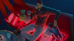 Rule 34 | 1boy, 2hmnskihyhy1, bara, beard, beard stubble, birthday, boku no hero academia, box, character name, collared shirt, couch, cup, drinking glass, endeavor (boku no hero academia), facial hair, feathers, foot out of frame, from above, gift, gift box, glowing, highres, large pectorals, leg up, male focus, mature male, muscular, muscular male, on couch, pants, pectorals, red feathers, scar, scar across eye, shirt, short hair, sideburns, sitting, solo, spiked hair, stubble, textless version, thick eyebrows, wine glass