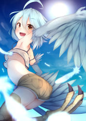 Rule 34 | 10s, 1girl, :d, ahoge, armpits, ass, bad id, bad pixiv id, bird wings, blue hair, blue sky, blue wings, breasts, brown eyes, convenient censoring, day, harpy, highres, looking at viewer, monster girl, monster musume no iru nichijou, no bra, open mouth, outstretched arm, papi (monster musume), rerrere, scales, short shorts, shorts, silver hair, sky, small breasts, smile, solo, sun, talons, thighs, underboob, upshirt, winged arms, wings