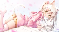 Rule 34 | 1girl, animal ear fluff, animal ears, bad id, bad pixiv id, bed sheet, blush, breasts, brown eyes, brown shorts, cat ears, cat girl, cat tail, closed mouth, flower, from side, hair between eyes, hair flower, hair ornament, hood, hood down, hooded jacket, jacket, leg up, light brown hair, long hair, looking at viewer, looking to the side, lying, medium breasts, murano, no shoes, on stomach, original, petals, pink flower, pink jacket, pink shirt, purple thighhighs, shirt, short shorts, shorts, smile, soles, solo, tail, thighhighs, twintails, very long hair