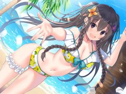 Rule 34 | 1girl, :d, beach, bikini, black hair, blue sky, breasts, bridal garter, cleavage, collarbone, commentary, day, dutch angle, earrings, floral print, flower, gluteal fold, hair between eyes, hair flower, hair ornament, hair ribbon, highres, jewelry, kurebayashi noe, legwear garter, looking at viewer, medium breasts, mountainous horizon, navel, ocean, open mouth, original, outdoors, outstretched arm, palm tree, print bikini, purple eyes, ribbon, single legwear garter, sky, smile, solo, standing, swimsuit, thighs, tree, tree trunk, white bikini