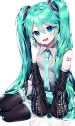 Rule 34 | 1girl, absurdres, aqua eyes, aqua hair, aqua nails, aqua necktie, bare shoulders, black skirt, black sleeves, black thighhighs, commentary, detached sleeves, english commentary, fang, grey shirt, ha youn, hair ornament, hatsune miku, headphones, headset, highres, long hair, looking at viewer, miniskirt, nail polish, necktie, open mouth, pleated skirt, shirt, shoulder tattoo, sitting, skin fang, skirt, sleeveless, sleeveless shirt, smile, solo, tattoo, thighhighs, twintails, very long hair, vocaloid, white background, zettai ryouiki