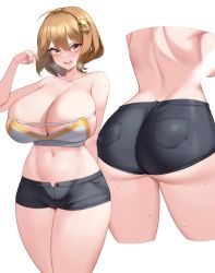 Rule 34 | 1girl, :d, ahoge, anis (nikke), ass, black shorts, blush, bra, breasts, brown eyes, brown hair, cleavage, goddess of victory: nikke, hair ornament, highres, huge ass, kuavera, large breasts, looking at viewer, navel, open mouth, short hair, shorts, simple background, smile, solo, strapless, strapless bra, thighs, underwear, white background, white bra