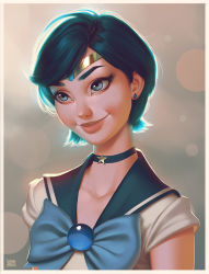 Rule 34 | 1girl, alternate eye color, alternate hair color, aqua choker, aqua eyes, aqua hair, aqua sailor collar, arms at sides, artist name, bare arms, bishoujo senshi sailor moon, blue bow, blue bowtie, blurry, bokeh, bow, bowtie, choker, closed mouth, collarbone, commentary, depth of field, earrings, eyelashes, female focus, highres, jewelry, leandro franci, lips, looking to the side, magical girl, mizuno ami, neck, necklace, nose, sailor collar, sailor mercury, sailor senshi, school uniform, serafuku, short hair, smile, solo, star (symbol), star necklace, super sailor mercury, swept bangs, upper body