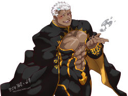 Rule 34 | 1boy, abs, arm behind back, artist name, bara, bare pectorals, black nails, blush, coat, coat lift, collared coat, crew cut, crotch plate, dark-skinned male, dark skin, dress, facial tattoo, fangs, fire, grey fire, highres, israfil (housamo), kizami nori to yamaimo, large pectorals, male focus, manly, mature male, muscular, muscular male, nail polish, navel, open mouth, pectorals, red eyes, sideburns, smile, solo, spiked hair, tattoo, teeth, tight clothes, tokyo houkago summoners, twitter username, white background, white hair
