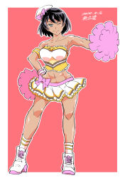 Rule 34 | 1girl, ;), abs, alternate costume, armband, artist name, bare shoulders, beret, bob cut, bow, bow skirt, brown hair, cheerleader, closed mouth, coco&#039;s, commentary, cross-laced footwear, dark-skinned female, dark skin, dated, double horizontal stripe, frilled shirt, frilled skirt, frills, full body, girls und panzer, green eyes, half-closed eye, hand on own hip, hat, hat bow, highres, holding, holding pom poms, hoshino (girls und panzer), looking at viewer, microskirt, miniskirt, muscular, muscular female, navel, one-hour drawing challenge, one eye closed, outline, outside border, pink bow, pleated skirt, pom pom (cheerleading), pom poms, red background, shinkuukan (tetsuo3), shirt, shoes, short hair, signature, simple background, skirt, smile, socks, solo, standing, strapless, tilted headwear, tube top, white footwear, white hat, white outline, white skirt, white socks, wristband, yellow shirt