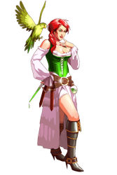 Rule 34 | 1girl, bare shoulders, belt, bird, boots, braid, breasts, cleavage, corset, dagger, dress, green eyes, green theme, high heels, knife, kongai, multiple belts, parrot, pirate, red hair, sheath, sheathed, shoes, single braid, solo, weapon, wench