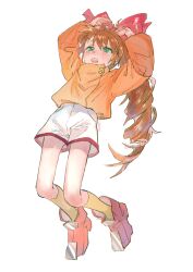 Rule 34 | 1girl, arms up, artist name, blush, boots, bow, brown hair, child, full body, green eyes, hair bow, highres, long hair, long sleeves, orange footwear, orange shirt, ponytail, red bow, scryed, shirt, shirt tucked in, shorts, simple background, socks, solo, ueno zousui, very long hair, white background, white shorts, yellow socks, yuuta kanami