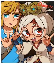 Rule 34 | 1boy, 1girl, absurdres, bandaged arm, bandages, blonde hair, blue eyes, blue shirt, english text, fang, framed, glasses, hair bun, hair ornament, hair stick, headband, highres, horns pose, lakilolom, link, looking at viewer, m/, nintendo, open mouth, parted bangs, purah, red eyes, shirt, silver hair, single hair bun, strap, sweatdrop, the legend of zelda, the legend of zelda: breath of the wild, thick eyebrows, upper body, wrist cuffs