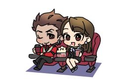 Rule 34 | 1boy, 1girl, ace attorney, beard, blush, brown eyes, brown hair, chair, chibi, crossed legs, cup, diego armando, facial hair, food, holding, holding cup, jacket, lcageki, long hair, long sleeves, looking at another, mia fey, mole, mole under mouth, necktie, one eye closed, open mouth, pants, phoenix wright: ace attorney - trials and tribulations, popcorn, shirt, short hair, simple background, sitting, skirt, smile, vest, white background