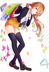 Rule 34 | 1girl, bag, black thighhighs, braid, brown eyes, brown footwear, brown hair, finger to mouth, full body, hair ribbon, highres, loafers, looking at viewer, mosta (lo1777789), orange skirt, original, ribbon, school uniform, shirt, shoes, skirt, solo, thighhighs, twintails, white shirt
