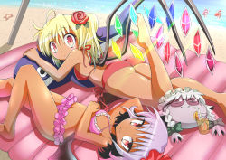 Rule 34 | 5girls, ass, bat wings, beach, bikini, blonde hair, blue hair, braid, day, female focus, flandre scarlet, flower, frilled bikini, frills, givuchoko, grin, hair flower, hair ornament, highres, hong meiling, inflatable dolphin, inflatable toy, izayoi sakuya, lying, multiple girls, on back, on stomach, open mouth, outdoors, patchouli knowledge, purple hair, red eyes, red flower, red hair, red rose, remilia scarlet, rose, side ponytail, silver hair, smile, swimsuit, tan, touhou, twin braids, wings, yukkuri shiteitte ne