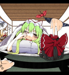 Rule 34 | 3girls, female focus, gap (touhou), hakurei reimu, hat, ibuki suika, indoors, multiple girls, saliva, sleepy, touhou, uzura no tamago, waking up, yakumo yukari, yukkuri shiteitte ne