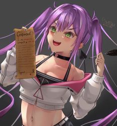 Rule 34 | 1girl, absurdres, artist name, bare shoulders, black choker, blush, breasts, casual, choker, cleavage, collarbone, commentary, contract, crop top, dated commentary, demon tail, ear piercing, fangs, feathers, green eyes, grey background, highres, holding, holding feather, holding paper, hololive, jacket, long hair, long sleeves, looking at viewer, medium breasts, misa pika, navel, open mouth, paper, piercing, purple hair, smile, solo, tail, teeth, tokoyami towa, twintails, twitter username, upper body, upper teeth only, virtual youtuber, white jacket