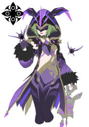 Rule 34 | 1girl, absurdres, breasts, cicin mage (genshin impact), cloak, cropped legs, delusion (genshin impact), deluxe&lt;&lt;&lt;, detached sleeves, electro cicin mage (genshin impact), eye mask, fur-trimmed cloak, fur trim, genshin impact, gloves, green hair, highres, holding, hood, hood up, hooded cloak, long sleeves, mask, open mouth, partially fingerless gloves, purple gloves, short hair, simple background, small breasts, solo, white background