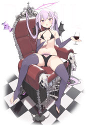 Rule 34 | 1girl, :p, absurdres, alcohol, animal skull, black bra, black choker, black panties, black thighhighs, blush, bone, bra, bra pull, breasts, cameltoe, cellphone, chair, charger, checkered floor, choker, cloba, clothes pull, cup, drinking glass, earrings, elbow gloves, electrical outlet, english text, glass, gloves, hair between eyes, hair ribbon, halo, heart, heart-shaped pupils, highres, holding, horns, jewelry, long hair, looking at viewer, nail polish, navel, no shoes, original, panties, phone, pubic tattoo, purple eyes, purple hair, reclining, ribbon, sidelocks, sitting, small breasts, solo, spread legs, symbol-shaped pupils, tattoo, thighhighs, toes, tongue, tongue out, underwear, very long hair, wine, wine glass