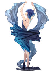 Rule 34 | 1girl, aqua (kingdom hearts), arms up, back, ballet slippers, blue dress, blue eyes, blue hair, breasts, dress, gogo (detteiu de), highres, kingdom hearts, kingdom hearts birth by sleep, looking at viewer, looking back, shawl, sideboob, simple background, smile, solo, tiptoes, white background