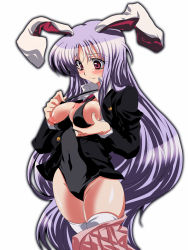 Rule 34 | 1girl, animal ears, bad id, bad pixiv id, blazer, breasts, rabbit ears, female focus, jacket, long hair, medium breasts, mekabu, nipples, one-piece swimsuit, purple hair, red eyes, reisen udongein inaba, skirt, solo, swimsuit, swimsuit under clothes, thighhighs, touhou, undersized clothes, very long hair, white background