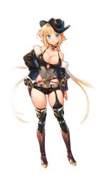 Rule 34 | 1girl, arm at side, belt, black collar, black hat, black shorts, black thighhighs, blonde hair, blue eyes, boots, breasts, brown footwear, cleavage, closed mouth, collar, full body, fur trim, garter straps, gun, hat, highleg, highleg leotard, holster, holstered, knee boots, large breasts, leotard, leotard under clothes, long hair, looking at viewer, low twintails, micro shorts, original, shituzhi, shorts, simple background, single garter strap, smile, solo, standing, thighhighs, transparent background, twintails, weapon