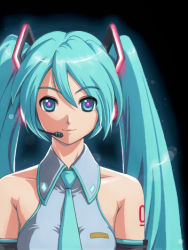 Rule 34 | 1girl, aqua hair, black background, blurry, bokeh, closed mouth, collared shirt, depth of field, detached sleeves, eyebrows, glowing, grey shirt, hair ornament, hatsune miku, headphones, long hair, looking at viewer, matsudo aya, necktie, portrait, shirt, smile, solo, tattoo, twintails, vocaloid