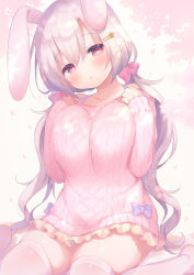 Rule 34 | 1girl, :o, animal ears, aran sweater, bare shoulders, blush, bow, breasts, cable knit, collarbone, commentary, flower, hair between eyes, hair bow, hair flower, hair ornament, hairclip, hands up, head tilt, highres, large breasts, long hair, long sleeves, looking at viewer, low twintails, off-shoulder sweater, off shoulder, original, parted lips, pink bow, pink sweater, purple bow, rabbit ears, red eyes, silver hair, sitting, sleeves past wrists, solo, sweater, symbol-only commentary, thighhighs, twintails, usashiro mani, very long hair, wariza, white thighhighs