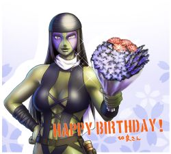 Rule 34 | 1girl, animification, arm wrap, belt, black hair, bouquet, breasts, center opening, cleavage, colored skin, cosplay, facepaint, female focus, flower, gamora, go-bemiu-gi, gradient background, green skin, guardians of the galaxy, hand on own hip, happy birthday, hat, holster, jennifer walters, kamen rider, kamen rider kuuga (series), large breasts, leotard, light smile, marvel, marvel cinematic universe, scarf, she-hulk, solo, sparkle, taikyokuturugi