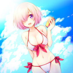 Rule 34 | 1girl, adapted costume, bikini, breasts, can, cleavage, cloud, day, drink can, dutch angle, fate/grand order, fate (series), front-tie top, hair over one eye, mash kyrielight, mash kyrielight (swimsuit of perpetual summer), official alternate costume, open mouth, purple eyes, purple hair, short hair, side-tie bikini bottom, soda can, solo, swimsuit, thigh gap, uzu hi, white bikini