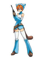 Rule 34 | 1girl, animal ears, animal hood, breasts, breath of fire, breath of fire v, cat ears, cat hood, closed mouth, commentary request, gloves, gun, highres, hood, lin (breath of fire), looking at viewer, orange hair, ribbed sweater, short hair, simple background, solo, sweater, tail, thighhighs, tsunemi aosa, weapon, white background