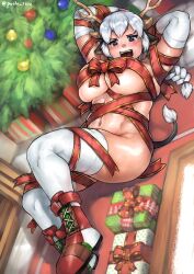 Rule 34 | 1girl, animal ears, blue eyes, blush, boots, bow, braid, braided ponytail, breasts, christmas, christmas ornaments, christmas present, christmas tree, commentary, cow ears, cow girl, cow horns, cow tail, dutch angle, elbow gloves, english commentary, full body, gift, gloves, highres, horns, indoors, large breasts, long hair, looking at viewer, lying, medium bangs, naked ribbon, nandi (puchirisu), navel, on back, on floor, open mouth, original, puchirisu, red bow, red footwear, ribbon, smile, solo, tail, thighhighs, tree, white gloves, white hair, white thighhighs