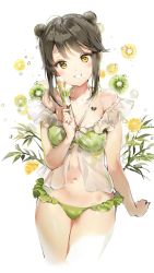 Rule 34 | 1girl, ahoge, anmi, babydoll, bare shoulders, bikini, black hair, blush, breast tattoo, breasts, brown eyes, cleavage, collarbone, commentary request, double bun, food, frilled bikini, frills, fruit, green bikini, grin, hair bun, heart, heart tattoo, highres, kiwi (fruit), looking at viewer, mole, mole under mouth, navel, open mouth, original, popsicle, see-through, smile, solo, swimsuit, tattoo, teeth, white background