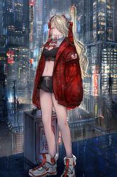 Rule 34 | 1girl, absurdres, black tank top, blonde hair, bow, breasts, bun cover, city, city lights, cleavage, coat, double bun, gawako, gym shorts, hair bow, hair bun, hair over eyes, highres, long hair, medium breasts, navel, night, original, red bow, red coat, red ribbon, ribbon, shoes, shorts, sneakers, solo, standing, tank top, white eyes