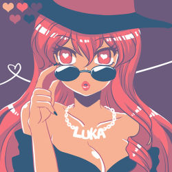 Rule 34 | 1girl, breasts, character name, cleavage, color guide, hat, heart, heart-shaped pupils, heart of string, jewelry, limited palette, lips, megurine luka, necklace, nightcat, pink eyes, pink hair, solo, sunglasses, symbol-shaped pupils, vocaloid