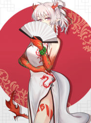 Rule 34 | 1girl, absurdres, ahoge, arknights, arm tattoo, bead bracelet, beads, bracelet, china dress, chinese clothes, colored skin, cowboy shot, dragon girl, dragon horns, dragon tail, dress, ear piercing, fan over face, female focus, flame-tipped tail, hair ornament, hand fan, highres, holding, holding fan, horns, jewelry, leg tattoo, looking at viewer, mabing, multicolored hair, nian (arknights), nian (unfettered freedom) (arknights), official alternate costume, piercing, pointy ears, ponytail, purple eyes, red hair, red skin, sleeveless, sleeveless dress, solo, streaked hair, tail, tattoo, white dress, white hair