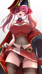 Rule 34 | 1girl, absurdres, belt, black choker, black coat, black headwear, black thighhighs, breasts, brown belt, choker, clothes lift, coat, covered navel, cropped jacket, eyepatch, frilled choker, frills, gloves, hair ribbon, hat, highres, hololive, houshou marine, houshou marine (1st costume), jacket, ji orangehermit, large breasts, leather belt, leotard, leotard under clothes, lifting own clothes, long hair, miniskirt, open mouth, pirate hat, pleated skirt, red coat, red jacket, red ribbon, red skirt, ribbon, skirt, skirt lift, sleeveless, sleeveless jacket, sleeves past fingers, sleeves past wrists, smile, teeth, thighhighs, twintails, two-sided coat, two-sided fabric, upper teeth only, virtual youtuber, white gloves, yellow eyes