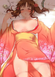 Rule 34 | 10s, 1girl, blush, breasts, breasts apart, brown eyes, brown hair, drunk, female focus, floral print, idolmaster, idolmaster cinderella girls, japanese clothes, kimono, large breasts, looking at viewer, lying, margamoid, no panties, obi, on back, open clothes, open kimono, open mouth, sash, solo, totoki airi, twintails