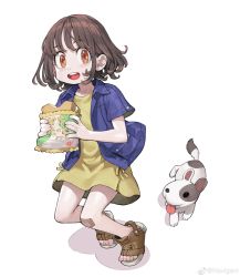 Rule 34 | 1girl, absurdres, animal, bandaid, bandaid on knee, bandaid on leg, brown eyes, brown hair, commentary, commentary request, denim, denim jacket, dog, dress, food, food bite, food on face, food wrapper, highres, holding, holding food, jacket, jun (navigavi), looking at viewer, medium hair, original, sandals, smile, sparkling eyes, symbol-only commentary, translated, weibo logo, weibo watermark, white background