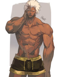 Rule 34 | 1boy, abs, bara, black shorts, bulge, character request, cross-laced clothes, cross-laced legwear, cross-laced underwear, dark-skinned male, dark skin, dungeon and fighter, feet out of frame, hair slicked back, head tilt, looking at viewer, male focus, muscular, muscular male, navel, nikism, nipples, obliques, pectorals, short hair, shorts, sideburns, solo, standing, stomach, thick eyebrows, thick thighs, thighs, topless male, v-taper, veins, veiny arms, white hair