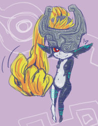 Rule 34 | 1girl, arms behind back, beckoning, black skin, breasts, closed mouth, colored sclera, colored skin, completely nude, demon girl, fang, fang out, female focus, grey headwear, happy, heart, helmet, highres, long hair, midna, multicolored skin, navel, negoya, neon trim, nintendo, no nipples, nude, one eye covered, orange hair, pointy ears, ponytail, prehensile hair, purple background, red eyes, sketch, small breasts, smile, solo, stomach, the legend of zelda, the legend of zelda: twilight princess, two-tone skin, very long hair, white skin, yellow sclera