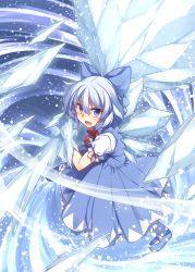 Rule 34 | 1girl, blue dress, blue eyes, blue hair, bow, cirno, cryokinesis, dress, hair bow, ice, ice wings, looking at viewer, matching hair/eyes, open mouth, puffy short sleeves, puffy sleeves, racer (magnet), shirt, short sleeves, solo, touhou, wings