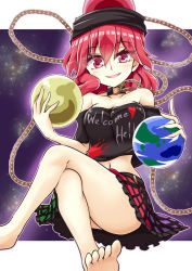 Rule 34 | 1girl, :d, ass, bare legs, bare shoulders, barefoot, black choker, black shirt, blush, breasts, chain, choker, cleavage, clothes writing, collarbone, commentary request, crossed legs, earth (ornament), feet out of frame, green skirt, hair between eyes, hand up, heart, hecatia lapislazuli, highres, holding, keyaki chimaki, long hair, looking at viewer, medium breasts, midriff, moon (ornament), multicolored clothes, multicolored skirt, navel, no panties, off-shoulder shirt, off shoulder, open mouth, purple skirt, red eyes, red hair, red skirt, shirt, short sleeves, sitting, skirt, smile, solo, t-shirt, thighs, touhou