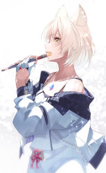 Rule 34 | 1girl, absurdres, animal ear fluff, animal ears, bare shoulders, breasts, cat ears, chest jewel, fingerless gloves, flute, gloves, grey hair, highres, holding, holding instrument, instrument, jacket, jacket on shoulders, looking afar, looking up, mio (xenoblade), risumi (taka-fallcherryblossom), shaded face, simple background, solo, sunlight, tank top, white jacket, white tank top, xenoblade chronicles (series), xenoblade chronicles 3, yellow eyes