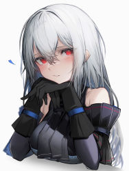 Rule 34 | 1girl, arknights, ascot, bad id, bad pixiv id, bare shoulders, black ascot, black gloves, black shirt, black sleeves, blush, breasts, cropped torso, detached sleeves, gloves, grey hair, hair between eyes, hands up, head rest, heart, looking at viewer, medium breasts, parted lips, red eyes, shirt, simple background, skadi (arknights), skadi (elite ii) (arknights), sleeveless, sleeveless shirt, smile, solo, tab head, white background